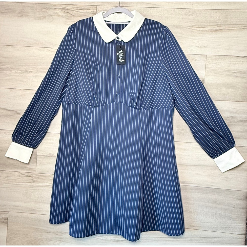 Hell Bunny Costello Mini Dress Navy Pinstripe Peter Pan Collar 4XL NWT
